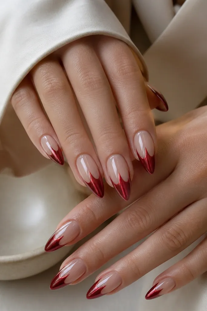 Medium almond nails. The nail bed is a clear glossy nude with high shine. The french tips are crimson red cat eye with a sharp, centered magnetic stripe running from the tip toward the middle of the nail.