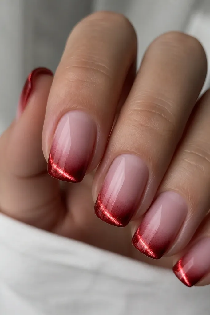 Soft squoval nails with a nude-pink ombré that fades into the nail bed. The french tips are red cat eye with a bright magnetic stripe and a slightly feathered transition line.