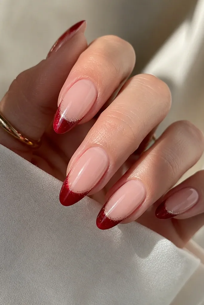 Almond nails with a sheer nude base. The french tips are deep red cat eye that looks slightly velvety, and there's a fine micro-glitter top coat concentrated near the tip edge.