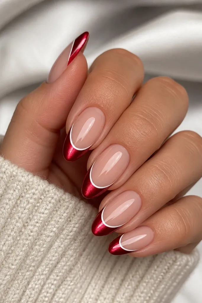 Medium almond nails with a nude base. The french tips are true red cat eye with a centered stripe. A thin white outline follows the french curve, like a crisp border line.