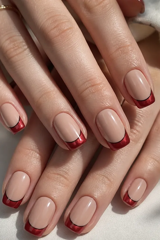 Short squoval nails with a glossy nude base. The french tips are red cat eye with a bright stripe. A tiny black micro-liner sits along the inner edge of the french curve, like a slim shadow line.