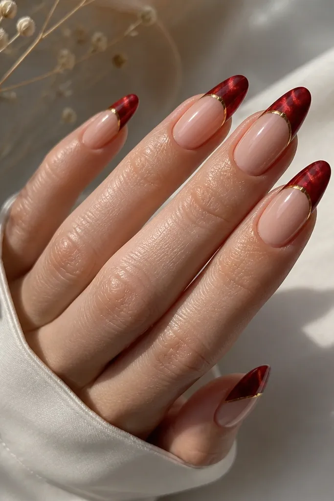 Long almond nails with a nude base. The french tips are red cat eye with a centered stripe. A small crescent of gold foil sits at the inner corner of each tip, catching light.