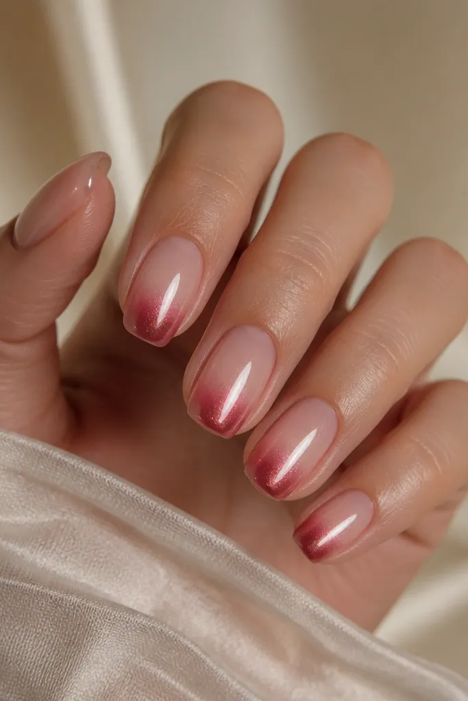 Soft squoval nails. The nail bed is clear glossy. The french tip fades from red cat eye in the center to a lighter, almost clear edge at the sides.