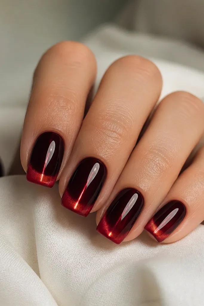 Medium square-to-squoval nails with a deep black-cherry base. The french tips are still red cat eye but lighter and brighter than the base, with a vertical glowing stripe.