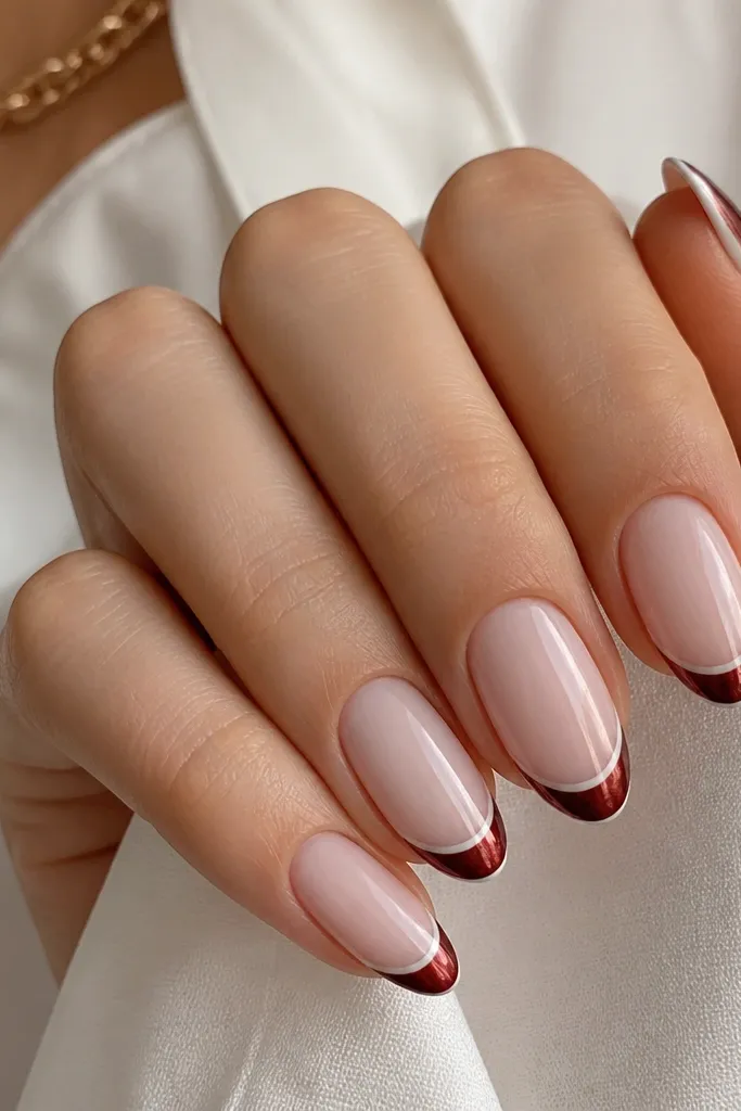Short almond nails. The nail bed is sheer milky pink. The french tips have a thin milky white border along the edge, with red cat eye filling the inside and a centered stripe.
