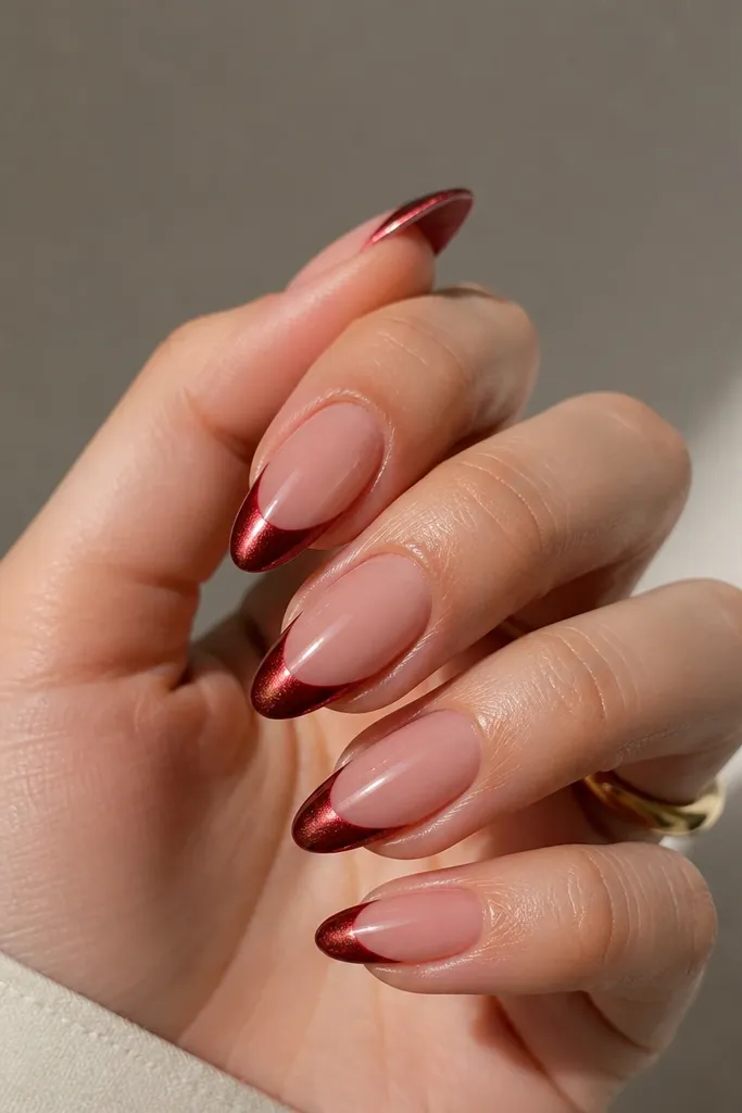 Almond nails with a nude base. The red cat eye french tips show a stripe that looks slightly angled or reversed, creating a diagonal glow effect across the tip area.