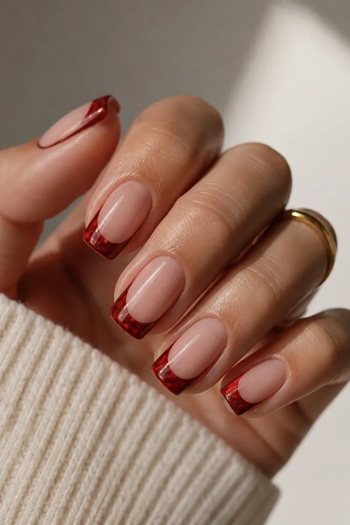 Medium squoval nails with a nude base. The french tips have red cat eye with a bright stripe, plus a thin halo of red chrome around the outer edge, creating a ring-like glow.