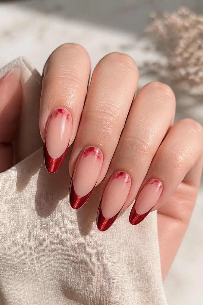 Almond nails with a nude base. The french tips are red cat eye with a centered stripe. At the cuticle area, there's a small marble-like accent in red and pink gradients, like a soft splash.