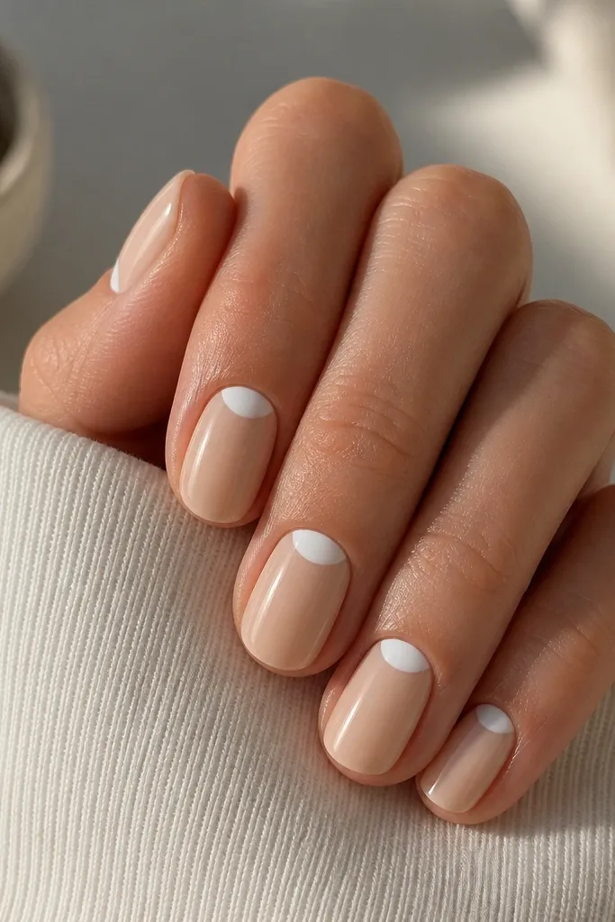 Short oval nails painted in a creamy nude base with a tiny white half-moon at the cuticle on each nail, clean and centered, glossy top coat.