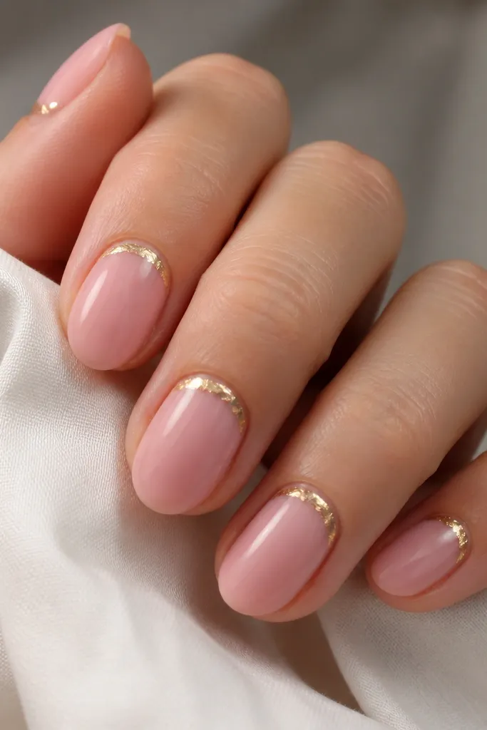 Short oval nails in soft blush pink with a thin irregular gold foil stripe running along the cuticle area, glossy finish.