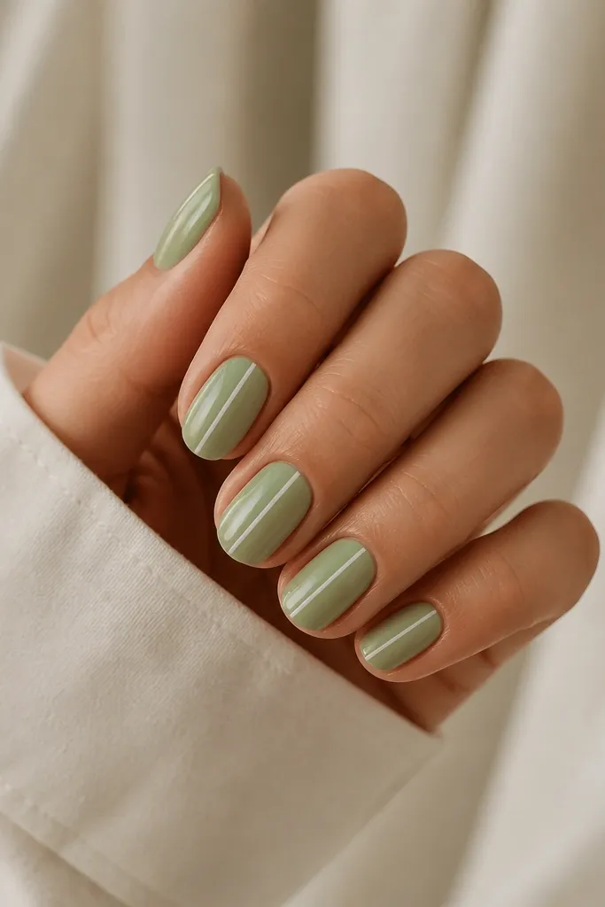 Short oval nails with a glossy sage green base and a single thin white line running vertically down the center of each nail.