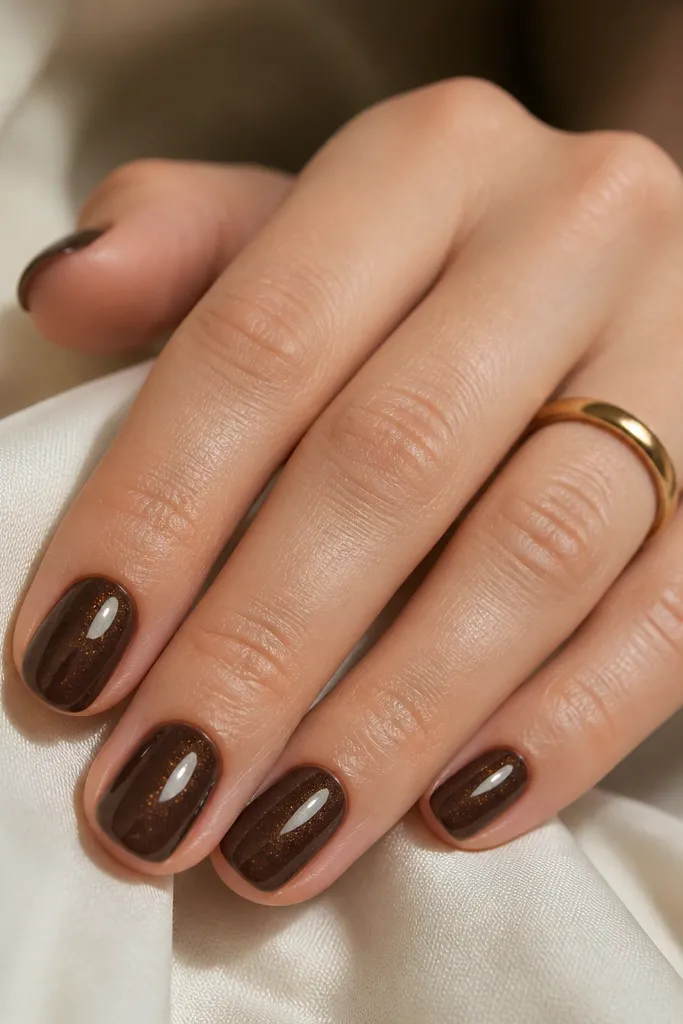 Short oval nails painted in deep chocolate brown with a subtle glaze-like sheen and fine shimmer across the surface, glossy.