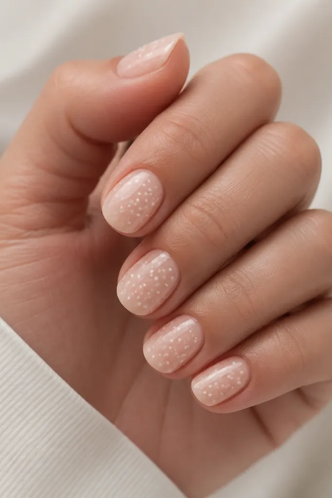 Short oval nails with nude base and scattered small white confetti dots of different sizes, glossy top coat.