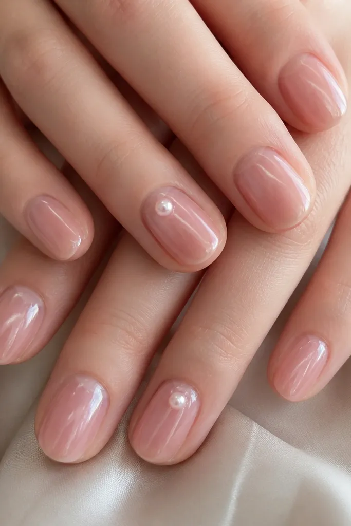 Short oval nails with a clear jelly rose sheen and one small pearl gem placed slightly above the center on two accent nails, glossy.