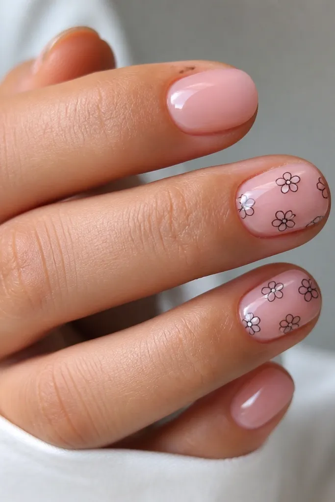 Short oval nails painted sheer pink with tiny black flower outlines scattered across two nails, thin line art style, glossy.