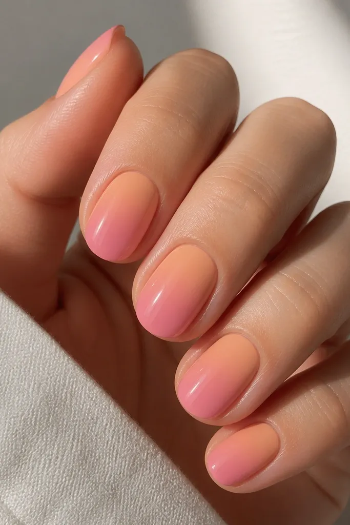 Short oval nails with a soft ombre gradient from peach near the cuticle to pink toward the tip, smooth and glossy.