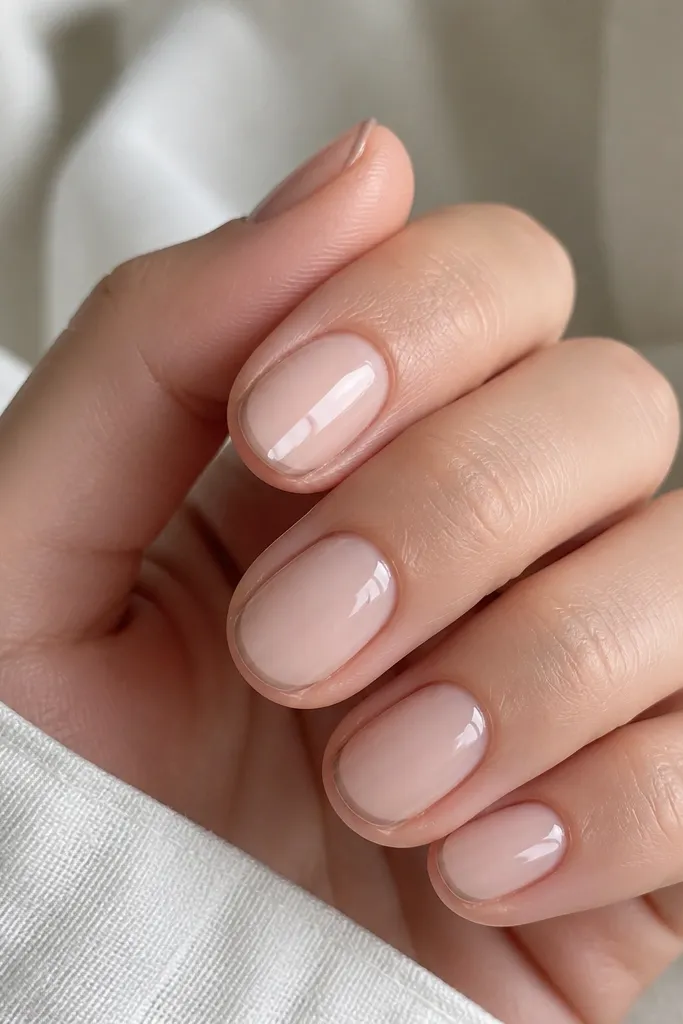 Short oval nails with a sheer nude base and a very thin taupe French line near the tip, glossy and crisp.