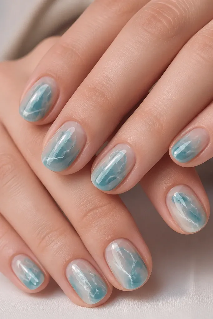 Short oval nails with a clear-to-light base and teal marble-like swirls, thin white veins, glossy finish on each nail.