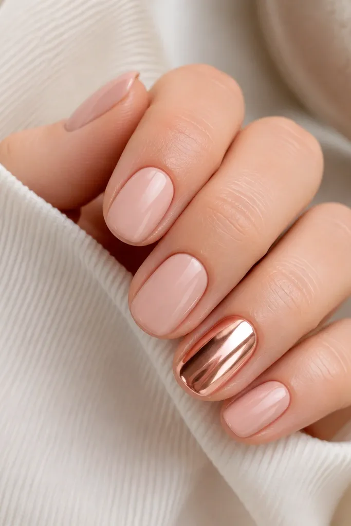 Short oval nails in soft blush nude with one accent nail coated in rose gold chrome powder, mirror shine, glossy finish.