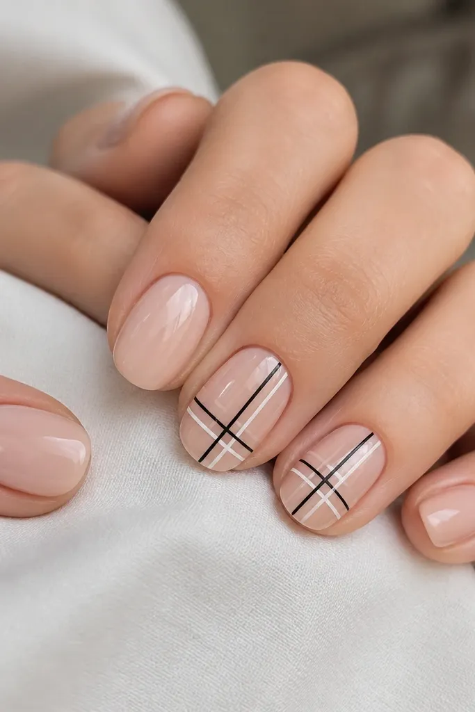 Short oval nails with a nude base and thin black and white pinstripe checkers on two accent nails, crisp lines, glossy top coat.