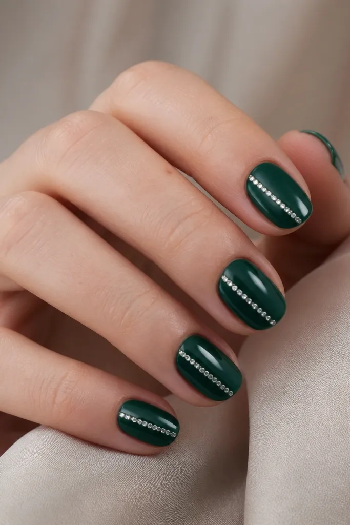 Short oval nails painted emerald green with a thin line of tiny clear gems placed diagonally from near the cuticle toward the side, glossy.