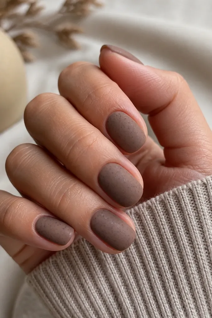 Short oval nails in mocha nude with a matte finish, plus tiny glossy speckles scattered randomly on each nail.