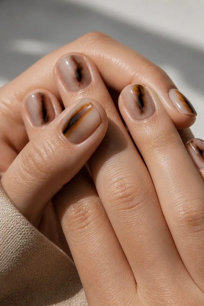 Ten short nails with a milky nude base. Dark umber tortoise veins run in thin streaks through the center of each nail, with lighter caramel patches near the cuticle and sides. High-gloss finish.