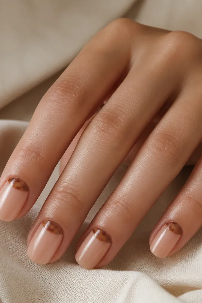 Short squoval nails. A sheer champagne base with a defined cuticle half-moon area filled with tortoise marbling in light caramel and cocoa. The rest of the nail is mostly translucent and glossy.