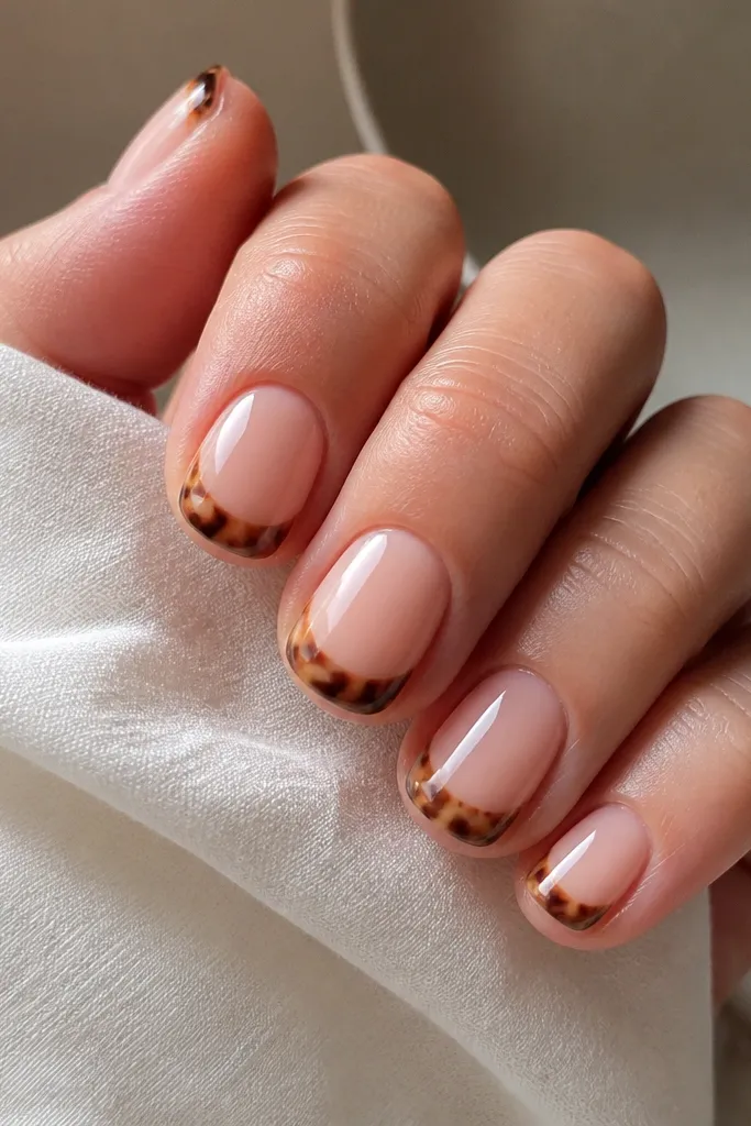 Short round nails with a nude base. Instead of a classic French tip, there's tortoise marbling forming a curved band near the free edge. The band has dark brown and honey tones with a smooth glossy finish.