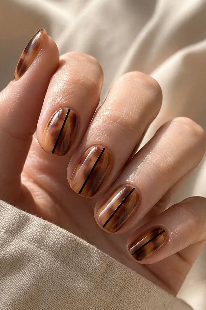 Short squoval nails with a warm beige tortoise base. A single thin black line runs vertically through the center of each nail, and the rest of the pattern stays soft and marbled. Glossy top coat.