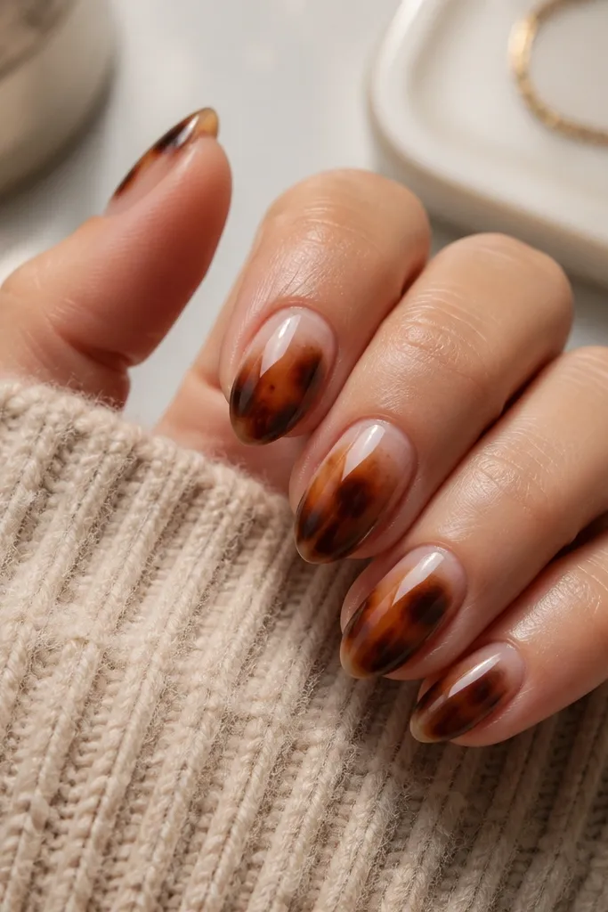 Short almond nails. The base is sheer pink that fades from cuticle to tip. Over it, coffee-brown and toffee-gold tortoise patches cover most of the nail with soft edges. Glossy finish.