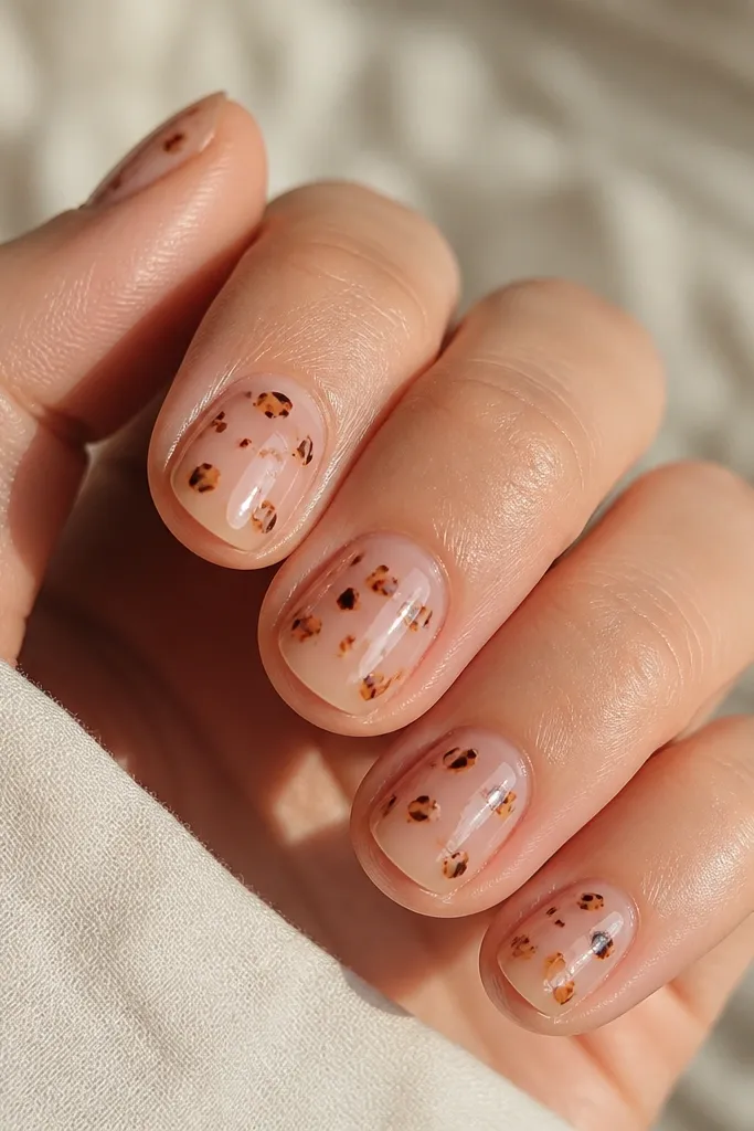 Short round nails with a clear nude base. Tiny tortoise micro-freckles in caramel and dark brown are scattered lightly across each nail. Clean cuticles and glossy finish.