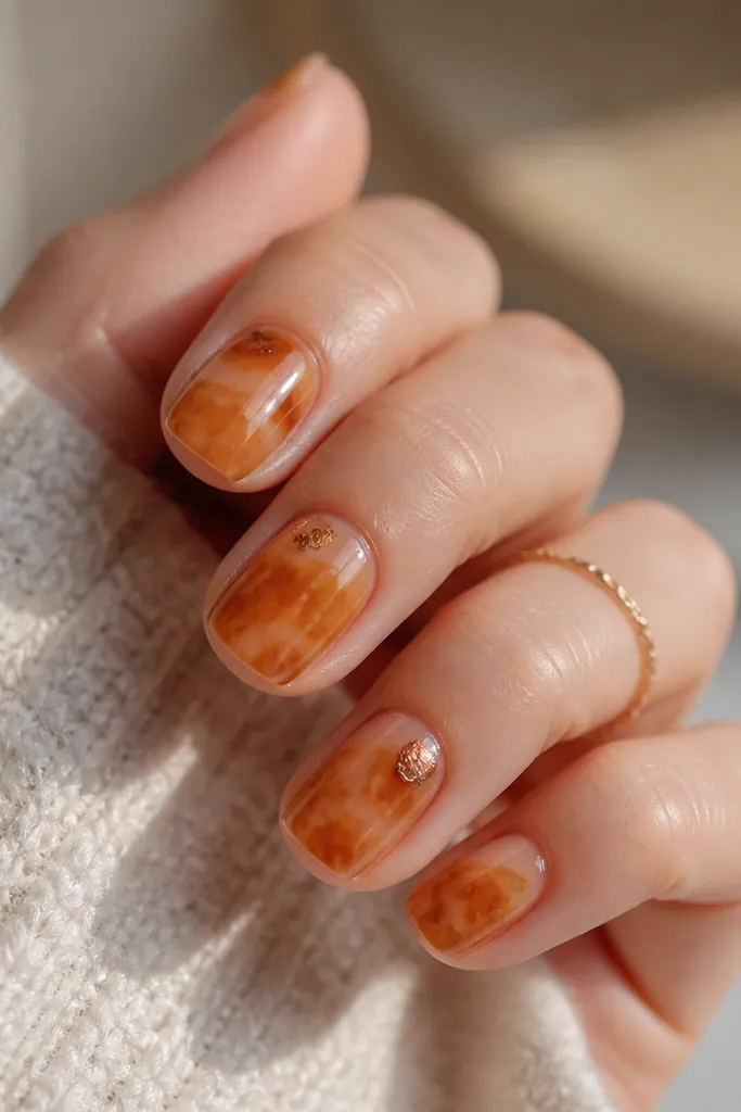 Short squoval nails. Most of the nail has golden honey tortoise marbling on a sheer nude base. One or two nails have tiny copper leaf flakes near the cuticle. Glossy top coat.