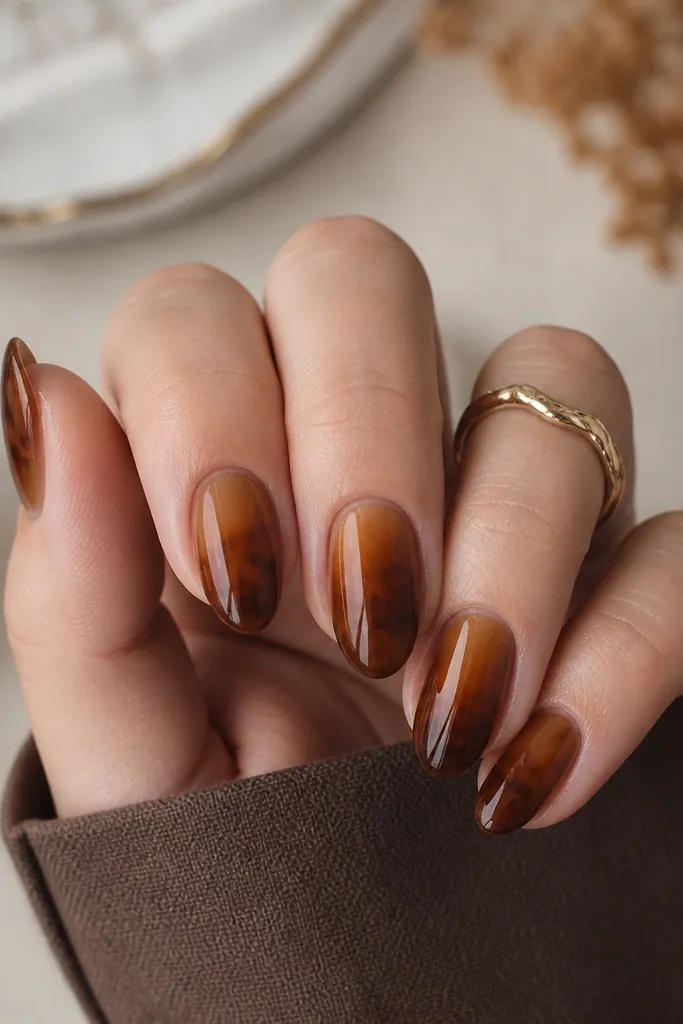 Short almond nails with a tortoise gradient: lighter caramel near the cuticle and darker espresso at the tip. The marbling blends smoothly with no harsh borders. Glossy finish.