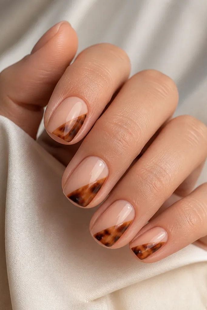 Short squoval nails with a nude base. A single diagonal tortoise swipe runs from the outer side near mid-nail toward the tip, with dark brown and caramel marbling. Glossy finish.