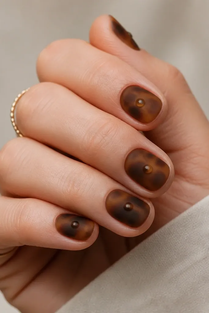 Short round nails with matte tortoise marbling in caramel and chocolate. On each nail, there's one small glossy clear dot in the center that catches light. Matte overall finish with glossy dot accents.