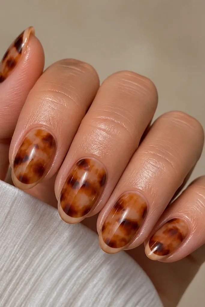 Short almond nails with a tortoise marbled base in warm beige, caramel, and dark brown. At the very tip, there's a thin nude line like a micro French border. Glossy top coat.