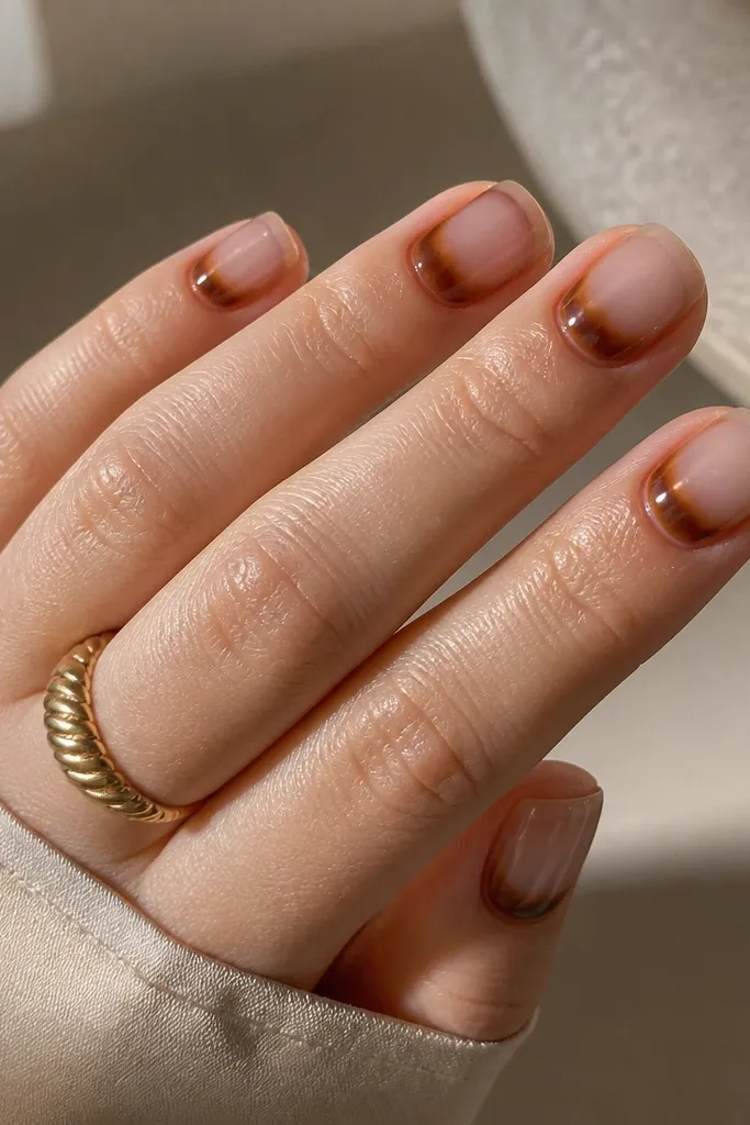 Short squoval nails with a sheer nude base. A soft tortoise aura ring surrounds the cuticle, fading outward with caramel and dark brown. The rest of the nail stays mostly clear. Glossy finish.