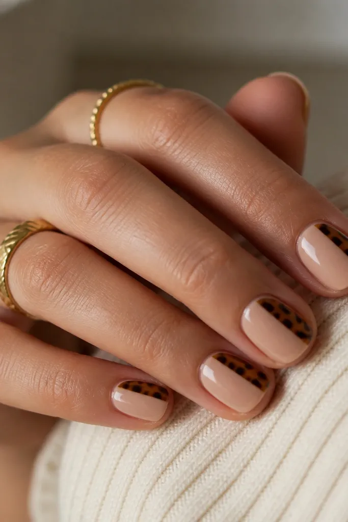 Short round nails with a warm nude base. On one side of each nail, there's a vertical strip of tortoise cells that look like tiny irregular checks. The rest of the nail is mostly plain nude with a glossy finish.