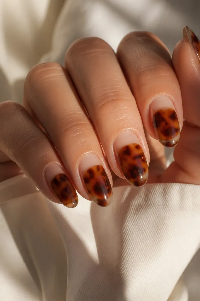 Short almond nails with a clear negative cuticle frame. The center of each nail has tortoise marble in caramel and dark brown, while the cuticle area stays transparent. Glossy finish.