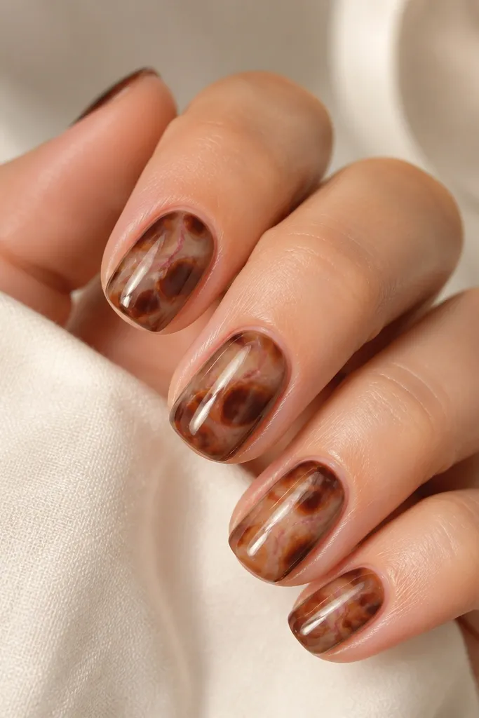Short squoval nails with tortoise marbling in beige, caramel, and espresso. Thin rose quartz pink streaks run through the tortoise in some nails. Glossy finish with pearly pink highlights.