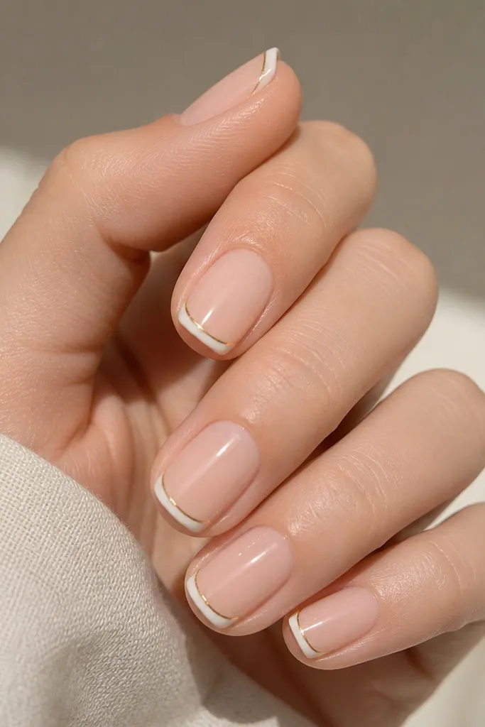 Short squoval nails with a very thin white French tip. A hairline gold strip runs parallel to the smile line on each nail. The base is sheer nude-pink with a high-gloss top coat.