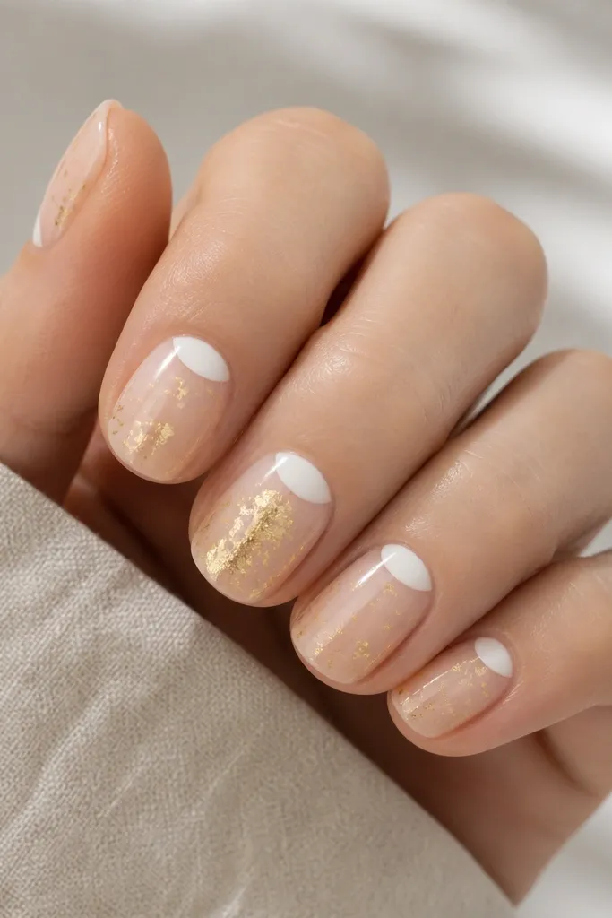 Short soft-almond nails with a white half-moon near the cuticle. Around the white shape there are small gold foil flecks scattered lightly on the nude base. One nail has slightly more foil near the center.