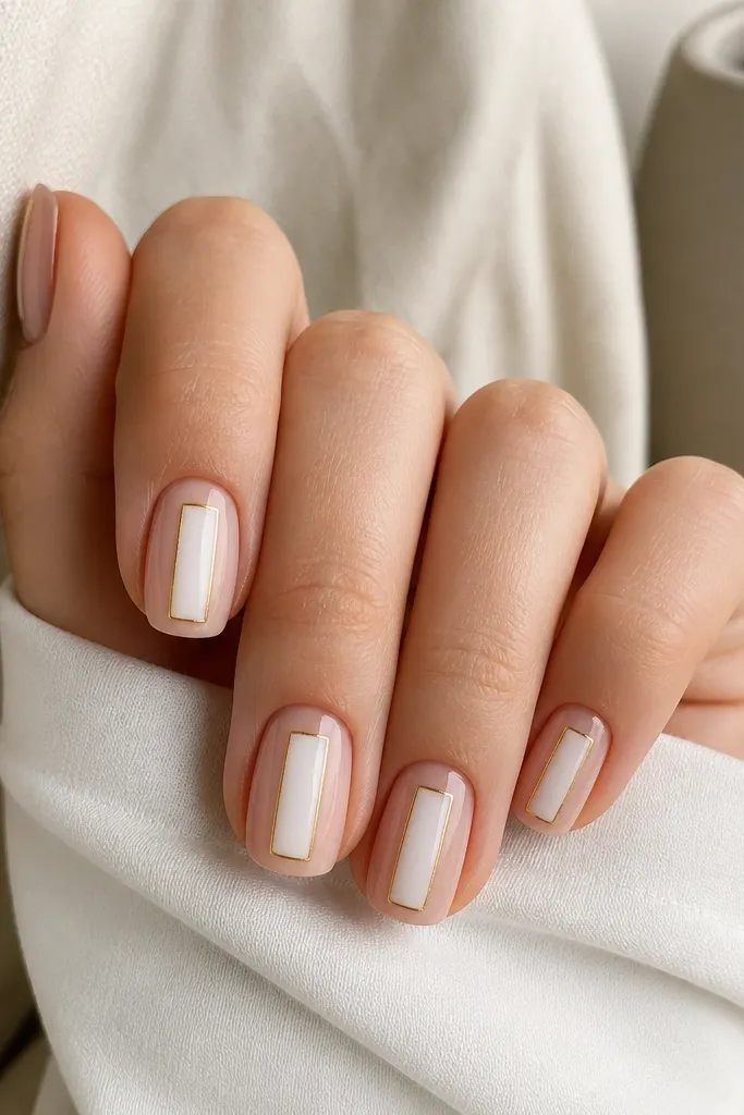 Short squoval nails with a nude base. In the middle there is a vertical white panel (not full coverage), leaving negative space on both sides. A thin gold outline frames the white panel like a rectangle.