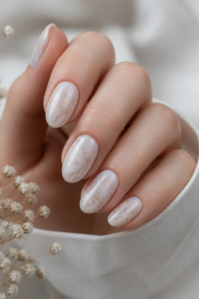 Short almond nails with a milky white base and thin grayish marble streaks. Small micro gold flecks are scattered near the middle and tip. The overall finish is glossy and smooth.