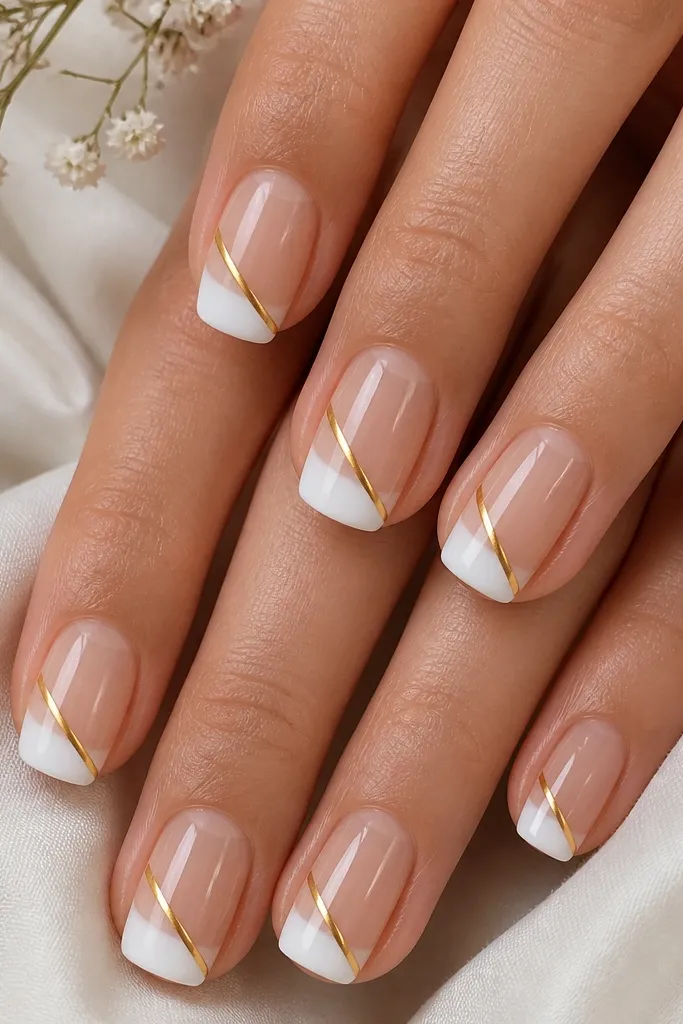 Short squoval nails with a solid white block at the tip, glossy and opaque. One side has a diagonal gold stripe running from mid-nail toward the corner of the white tip. Other nails have a smaller diagonal line.