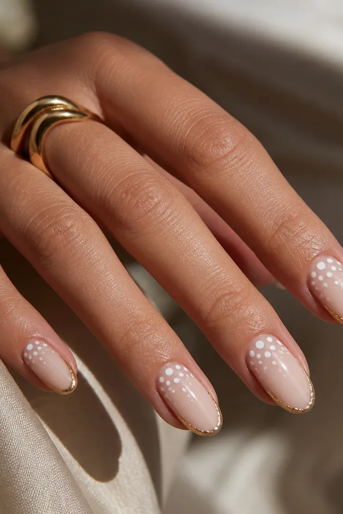 Short almond nails on a sheer nude base. Near the cuticle there are larger white dots, shrinking toward the tip. A thin gold outline runs around the nail perimeter near the edges.