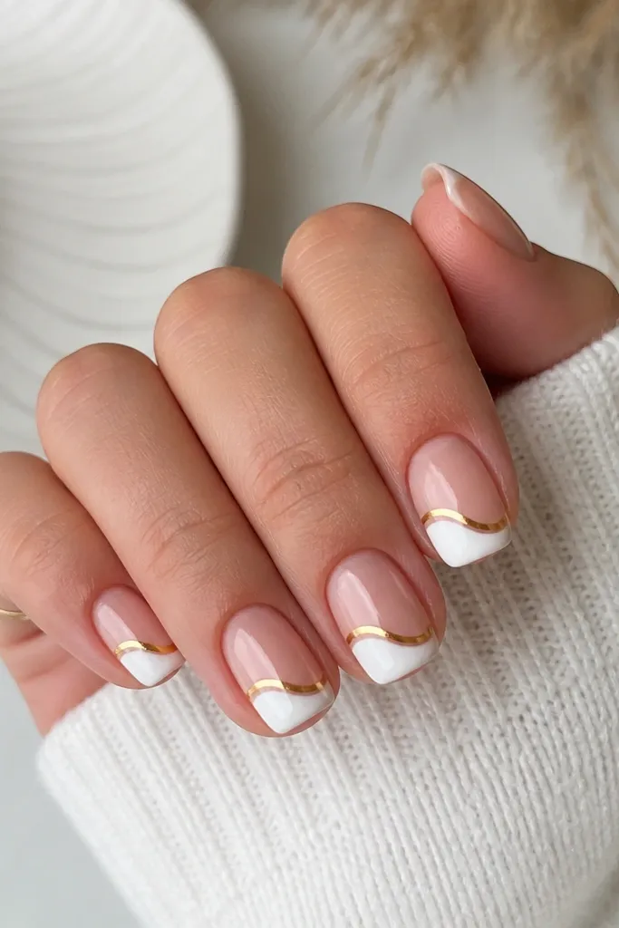 Short squoval nails with a white French tip that curves like a soft wave. A single gold swoop sits over the center of each nail, following the wave direction. Nude base, glossy finish.