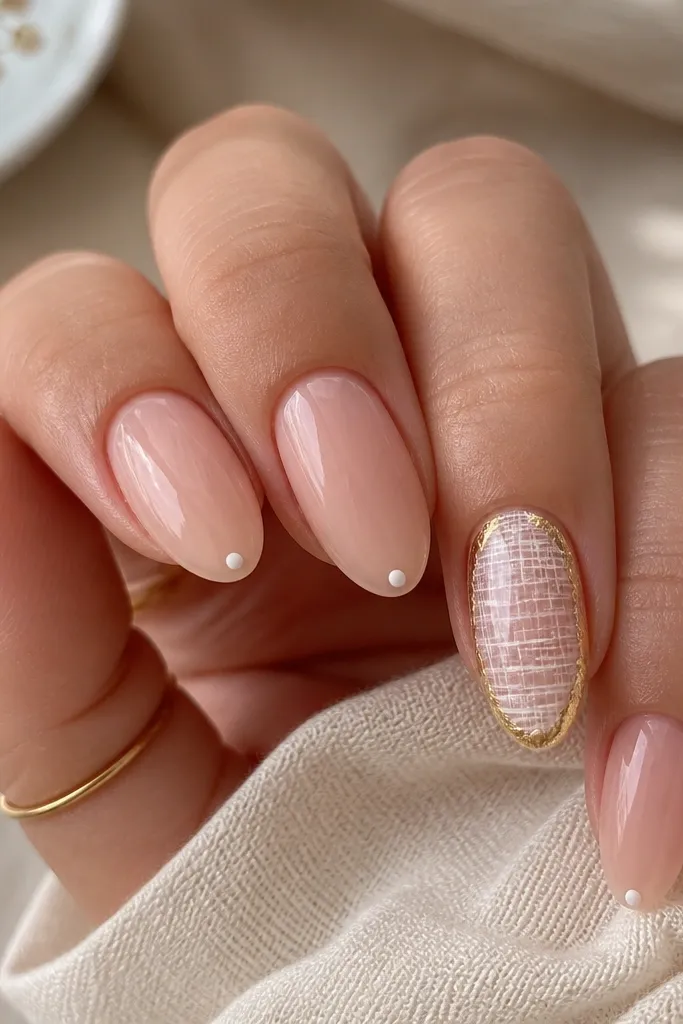 Most nails are sheer nude with a tiny white dot at the tip. One accent nail has a white crosshatch pattern over the nail surface. The crosshatch edges are bordered with gold foil pieces.
