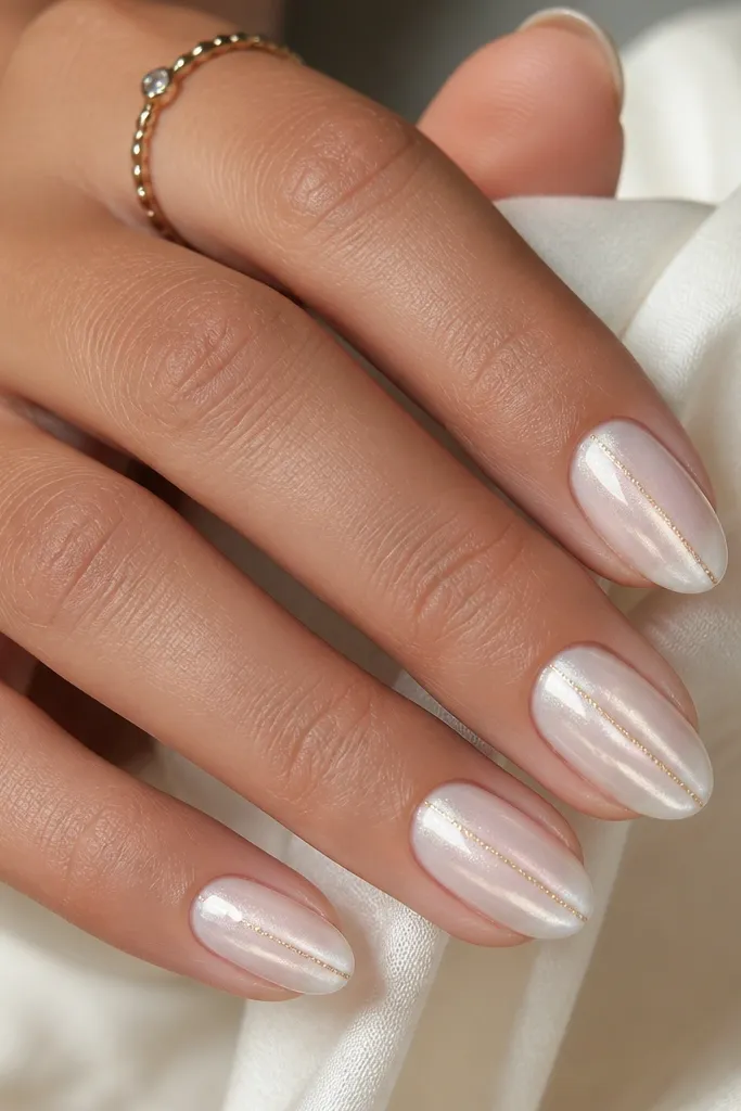 Short almond nails with a milky white cat-eye effect. A gold magnetic shimmer line runs vertically through the center on each nail. Glossy top coat, smooth cat-eye glow.